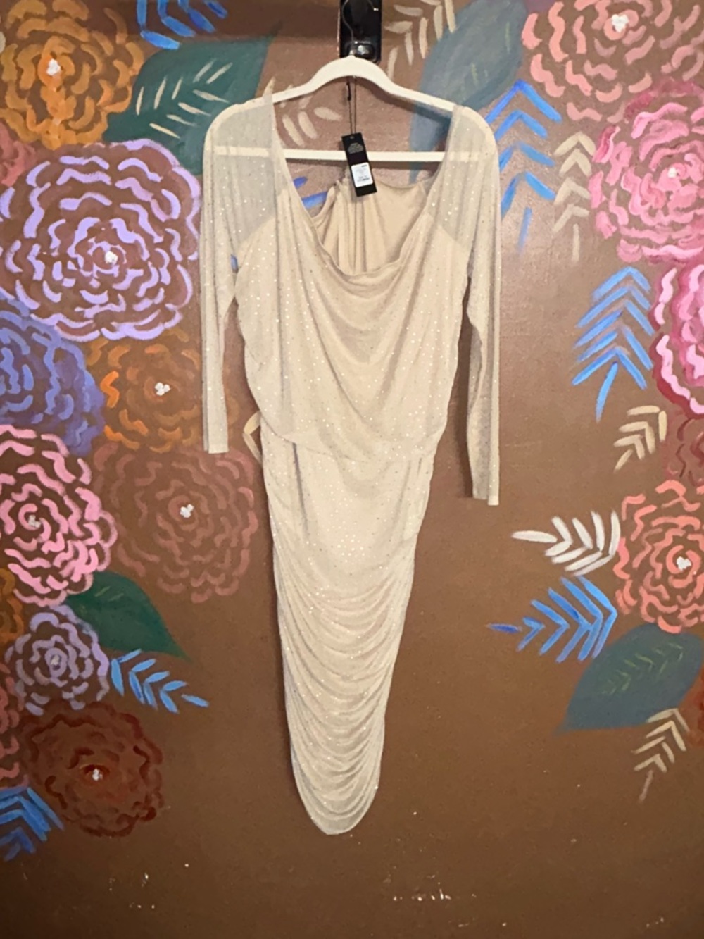 Fashion Nova Ivory/Glimmer Cowl-Neck Long Sleeve Dress